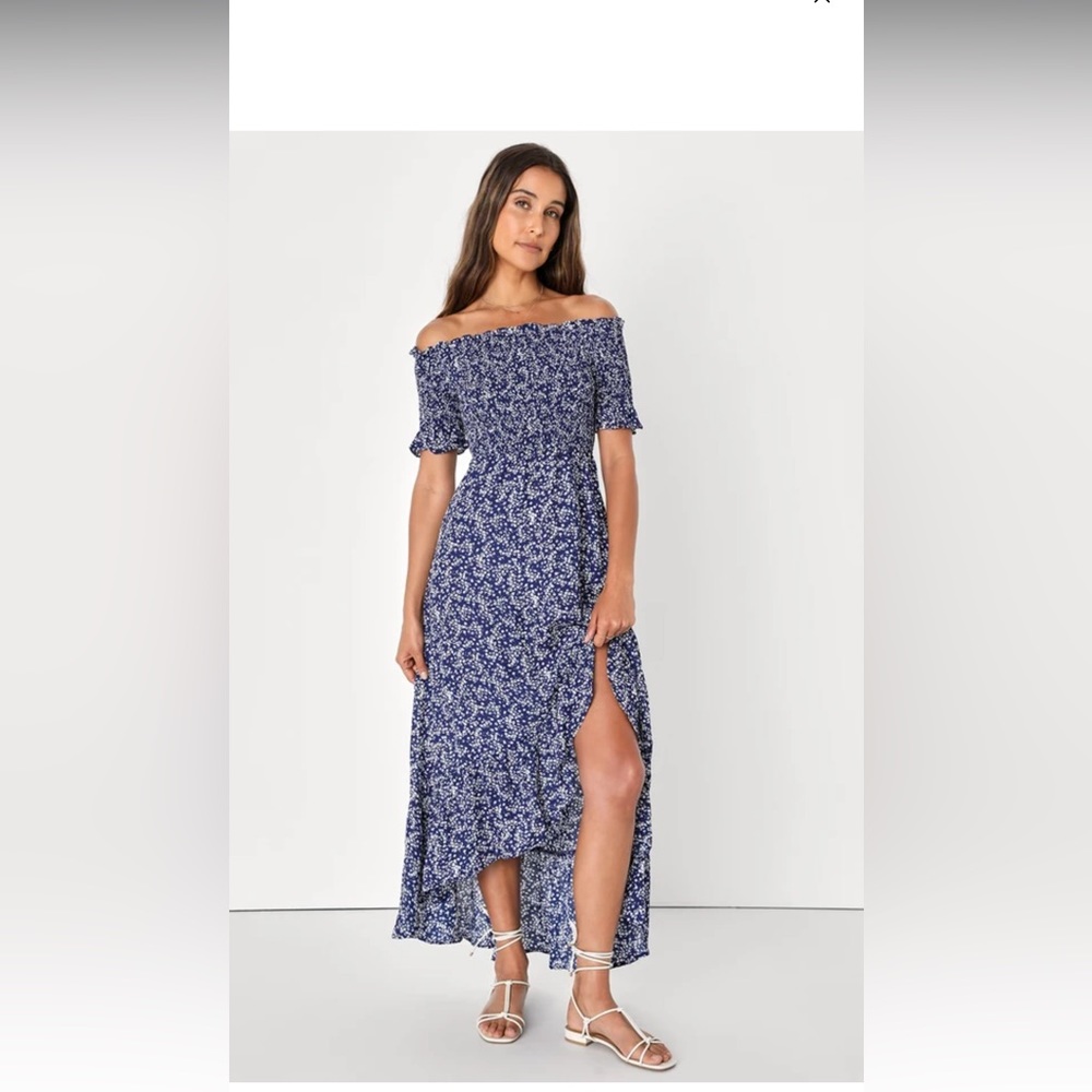 Lulus Fleur-tation Navy Blue Floral Print Off-the-Shoulder Midi Dress
